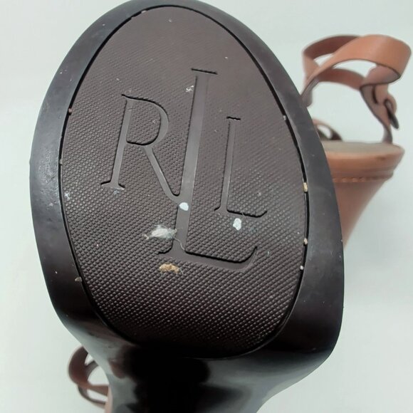 Ralph Lauren Tan Leather Heels 10 Platform Ankle Strap - Picture 13 of 16